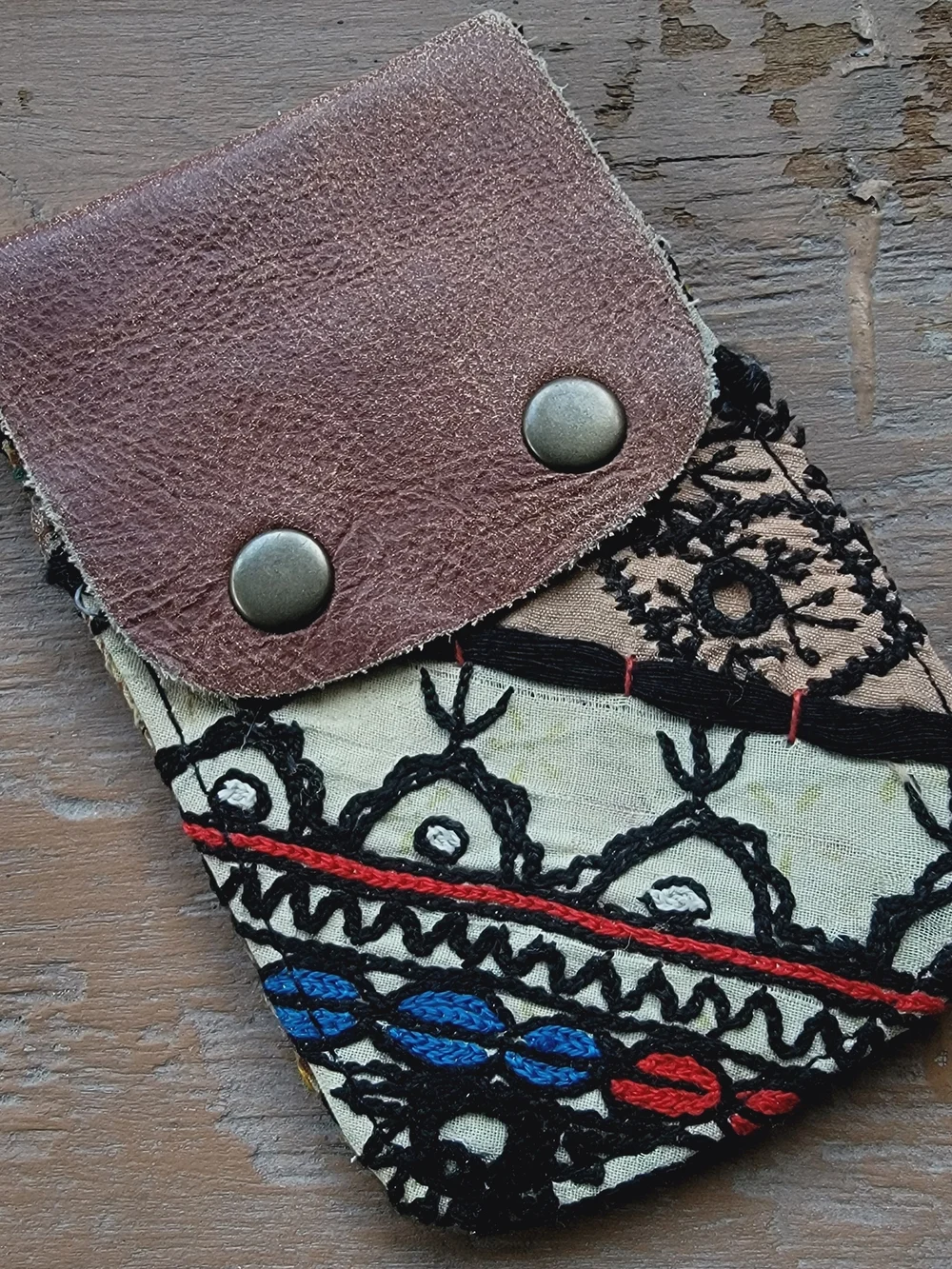 Free People embroidered banjara boho repurposed vtg leather wallet card case